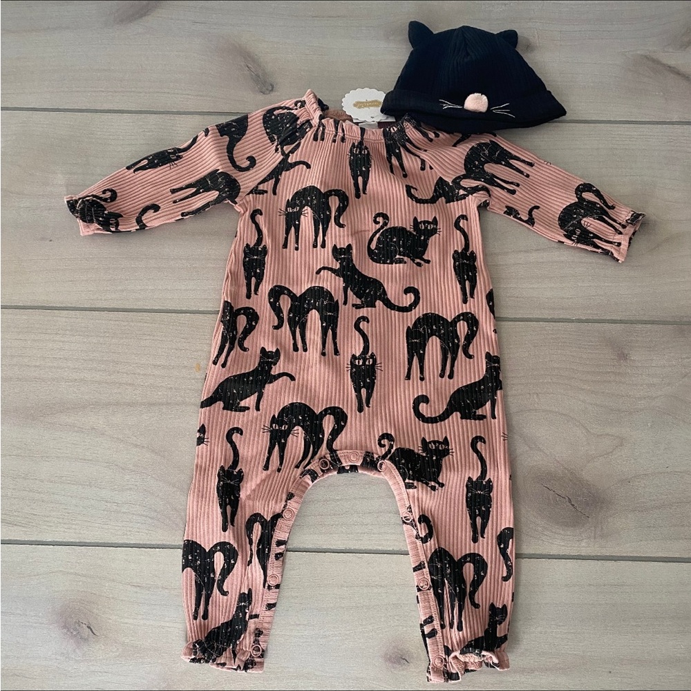 NWT Mud Pie Black Cat Romper & Hat